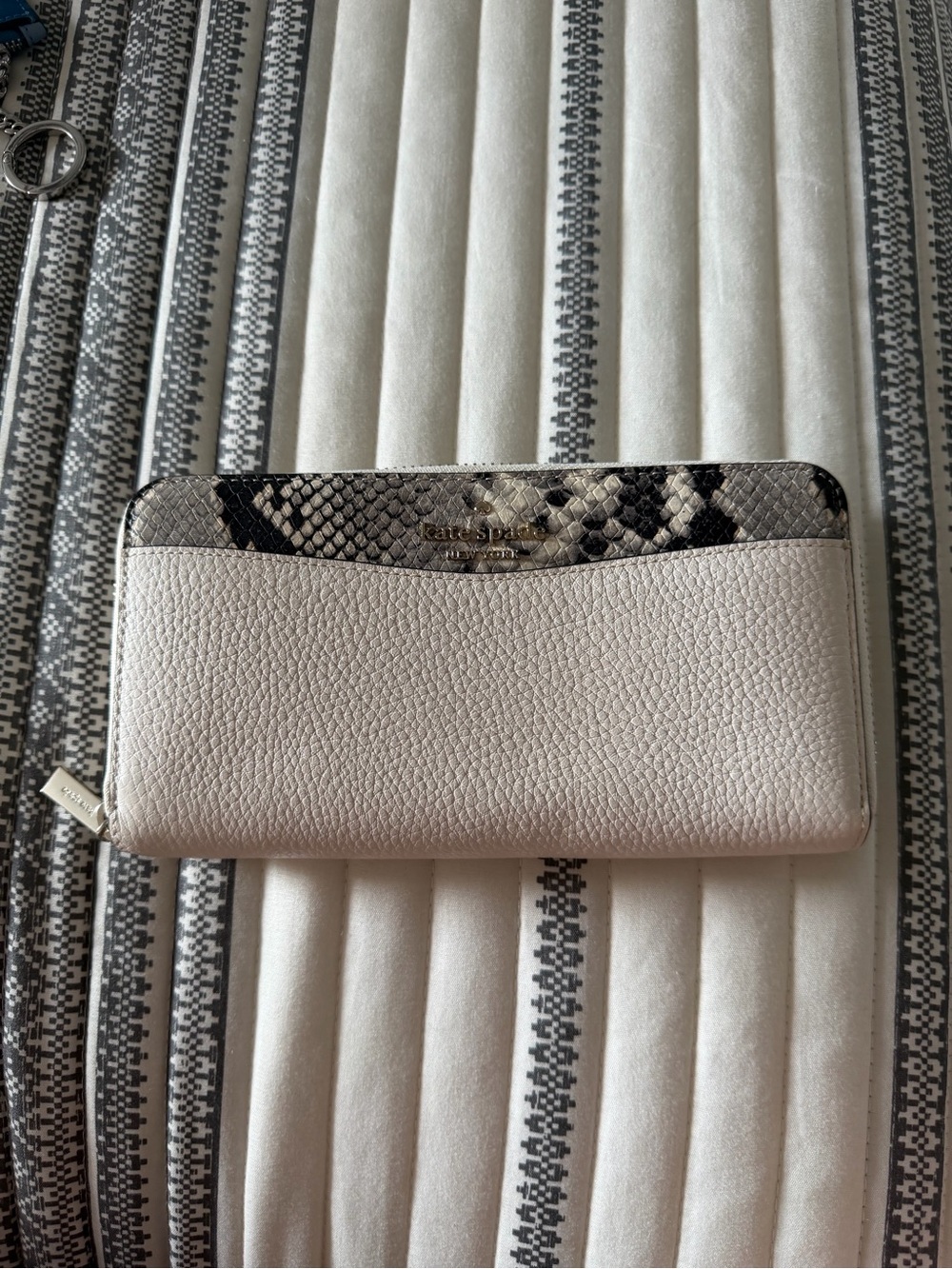 kate spade Cream Pebble Leather Zip Wallet with Snake-Print Trim